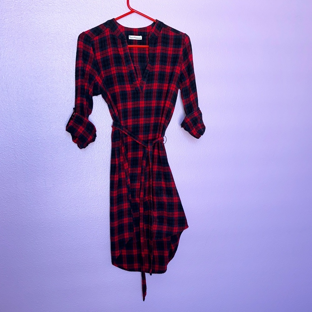 Dainty Hooligan Red, blue and Black Plaid Dress with Tie Belt, Button Up Sleeves